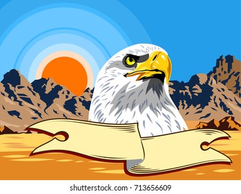 Eagle with banner in the desert against the background of mountains