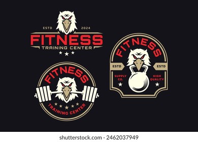 eagle with barbell and kettlebell logo design for fitness, gym, bodybuilding, weightlifting club