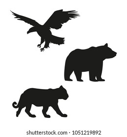 Eagle, bear and tiger black silhouette