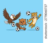 An eagle, beaver, and leopard playing soccer together on a blue background, with multiple soccer balls around them.