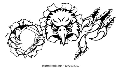 An eagle bird American football sports mascot cartoon character ripping through the background holding a ball