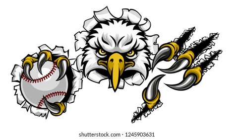 An eagle bird baseball sports mascot cartoon character ripping through the background holding a ball