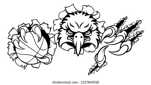 An eagle bird basketball sports mascot cartoon character ripping through the background holding a ball