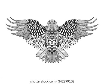 Eagle bird. Black white hand drawn doodle. Ethnic patterned vector illustration. African, indian, totem, tribal, zentangle design. Sketch for avatar, adult coloring page, tatto, poster, print, t-shirt