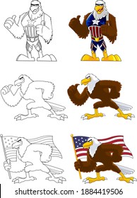 Eagle Bird Cartoon Character. Vector Collection Set Isolated On Transparent Background