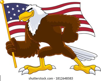 Eagle Bird Cartoon Character Waving American Flag. Vector Illustration Isolated On White Background