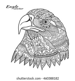 Eagle. Bird with ethnic floral doodle pattern. Coloring book page, zentangle art, design for spiritual relaxation for adults. Vector illustration, isolated on a white background. Zen doodles