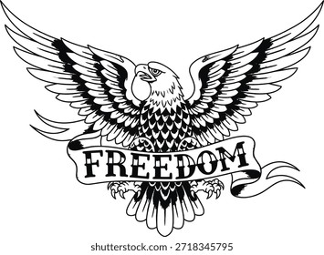 Águila pájaro libertad con alas extendidas Ilustración vectorial para símbolo patriótico americano naturaleza salvaje insignia y diseño de independencia aislado negro sobre transparente