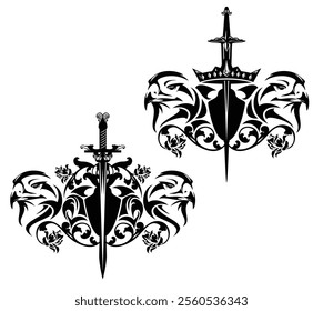 eagle bird heads with heraldic shield, king crown, knight sword and rose flowers - royal coat of arms black and white vector design set