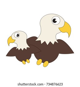 Eagle Bird Mom and baby cartoon. Outlined illustration with thin line black stroke