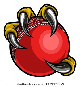 Eagle, bird or monster claw or talons holding a cricket ball. Sports graphic.