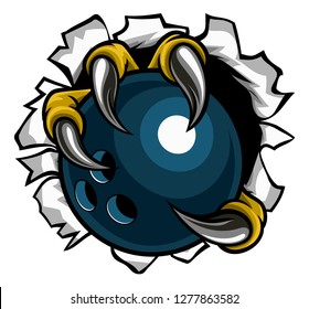 Eagle, bird or monster claw or talons holding a bowling ball and tearing through the background. Sports graphic.