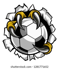 Eagle, bird or monster claw or talons holding a soccer football ball and tearing through the background. Sports graphic.