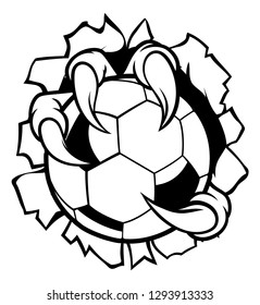 Eagle, bird or monster claw or talons holding a soccer football ball and tearing through the background. Sports graphic.