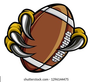 Eagle, bird or monster claw or talons holding an American football ball. Sports graphic.