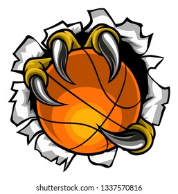 Eagle, bird or monster claw or talons holding a basketball ball and tearing through the background. Sports graphic.