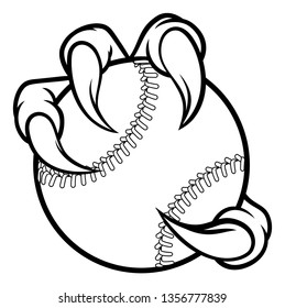 Eagle, bird or monster claw or talons holding a baseball ball. Sports graphic.