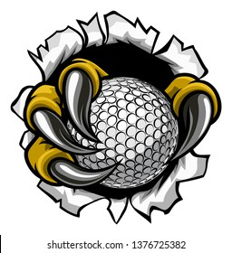 Eagle, bird or monster claw or talons holding a golf ball and tearing through the background. Sports graphic.