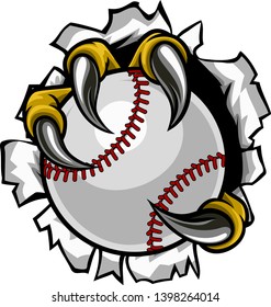 Eagle, bird or monster claw or talons holding a baseball ball and tearing through the background. Sports graphic.