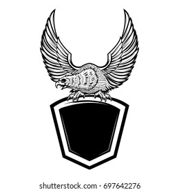 Eagle bird on blank shield. Design element for emblem, sign, badge. Vector illustration