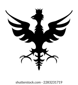 Eagle - bird silhouette. Coat of arms with a crowned eagle on a white background. Tribal shadow of an eagle with spread wings and talons. Vector drawing.