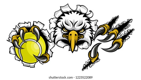 An eagle bird tennis sports mascot cartoon character ripping through the background holding a ball