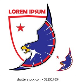 Eagle. Blue Eagle mascot on the white background. Flying Eagle over the shield and star. Symbolizing power, wisdom & dignity. Stylized black eagle combine with shield at the background