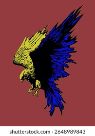 Eagle with blue and yellow feathers on a red background. Vector illustration with the image of a bird of prey, for decoration and creation of your designs of powerful symbols, emblems chevrons, signs
