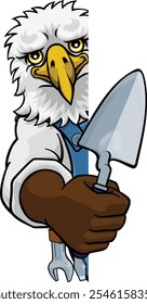 An eagle bricklayer builder construction worker mascot cartoon character holding a trowel tool and peeking over a sign