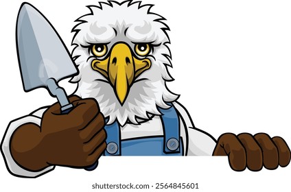 An eagle bricklayer builder construction worker mascot cartoon character holding a trowel tool and peeking over a sign