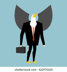 Eagle businessman. business bird in suit. Winged black manager in suit. Bald eagle with wings and case. Avian boss. Animal businessman isolated
