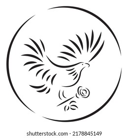 Eagle carries a rose in its paws in a circle. Logo template. Flying eagle, rose isolated on white. Line style
