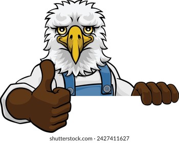 An eagle cartoon animal mascot gardener, carpenter, handyman, decorator or builder construction worker peeking around a sign and giving a thumbs up