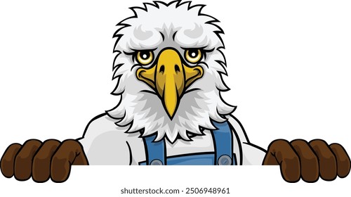 An eagle cartoon animal mascot gardener, carpenter, handyman, decorator or builder construction worker peeking around a sign