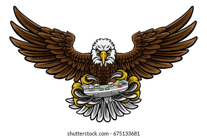 An eagle cartoon character player gamer esports sport mascot holding a video games controller