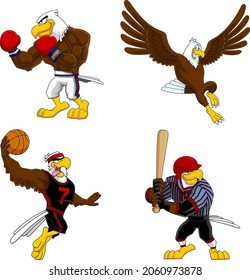 Eagle Cartoon Characters. Vector Hand Drawn Collection Set Isolated On White Background