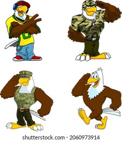 Eagle Cartoon Characters. Vector Hand Drawn Collection Set Isolated On White Background