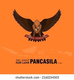 An eagle cartoon illustration design with the words Bhineka Tunggal Ika written on it. Happy birthday Pancasila. June 1