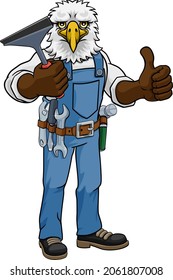 An eagle cartoon mascot car or window cleaner holding a squeegee tool and giving a thumbs up