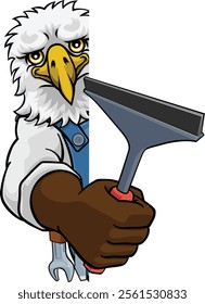 An eagle cartoon mascot car or window cleaner holding a squeegee tool peeking round a sign