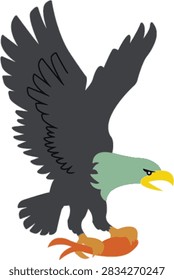 Eagle Catching Fish Flat Vector Illustration - Bald Eagle Hunting Icon for Logo