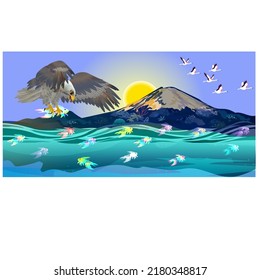 eagle catching fish in the river illustration.