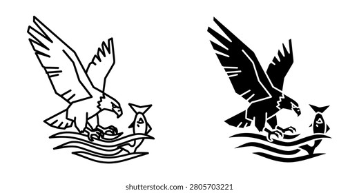 Eagle catching fish in water illustration with bird of prey food chain catching predator wildlife illustration silhouette outdoors movement