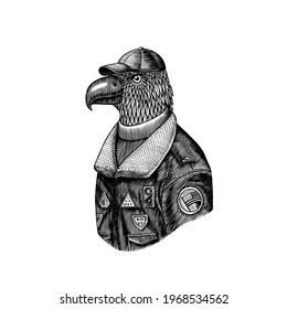  Eagle character in coat. Aviator pilot. Fashionable animal, vitorian airman or skyman. Hand drawn Bird. Engraved old monochrome sketch. Vector illustration for t-shirt, tattoo or badge or print.