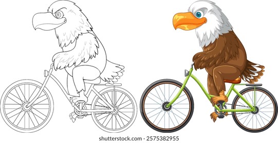 Eagle character cycling on a green bicycle