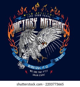 Eagle chasing motorcycle with fire, illustration with wear