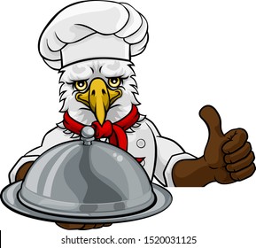 An eagle chef mascot cartoon character holding a silver platter cloche dome of food peeking round a sign and giving a thumbs up