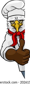 An eagle chef mascot cartoon character peeking round a sign and giving a thumbs up
