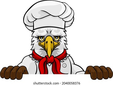An eagle chef mascot cartoon character peeking over a sign