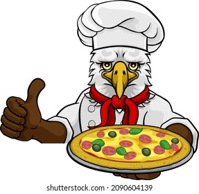 An eagle chef mascot cartoon character holding a pizza peeking round a sign and giving a thumbs up